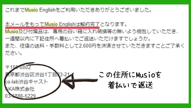 Musio English解約確認と返送