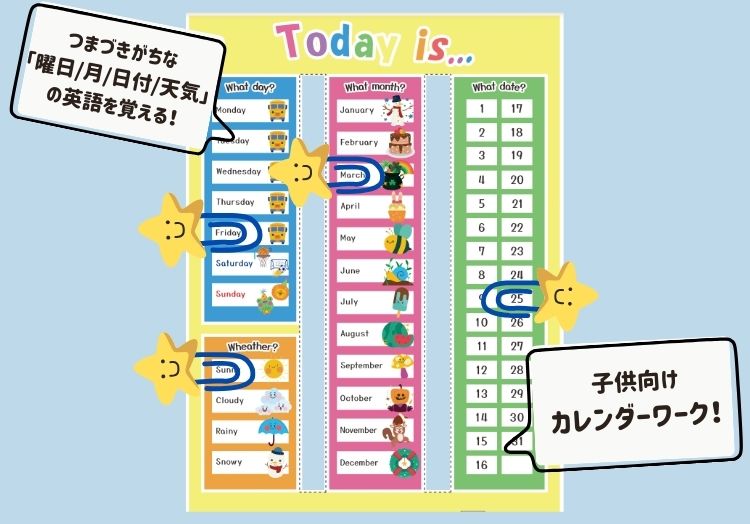 曜日、月、日付、天気を覚える子供向けカレンダーワーク